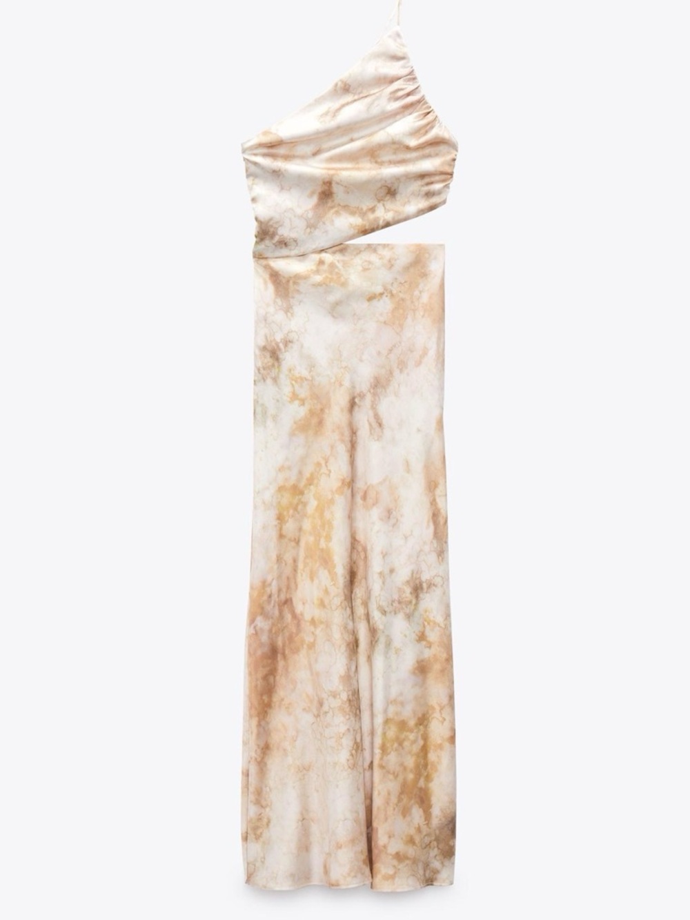 Zara Marble-Print Satin One-Shoulder Dress in Cream and Beige
